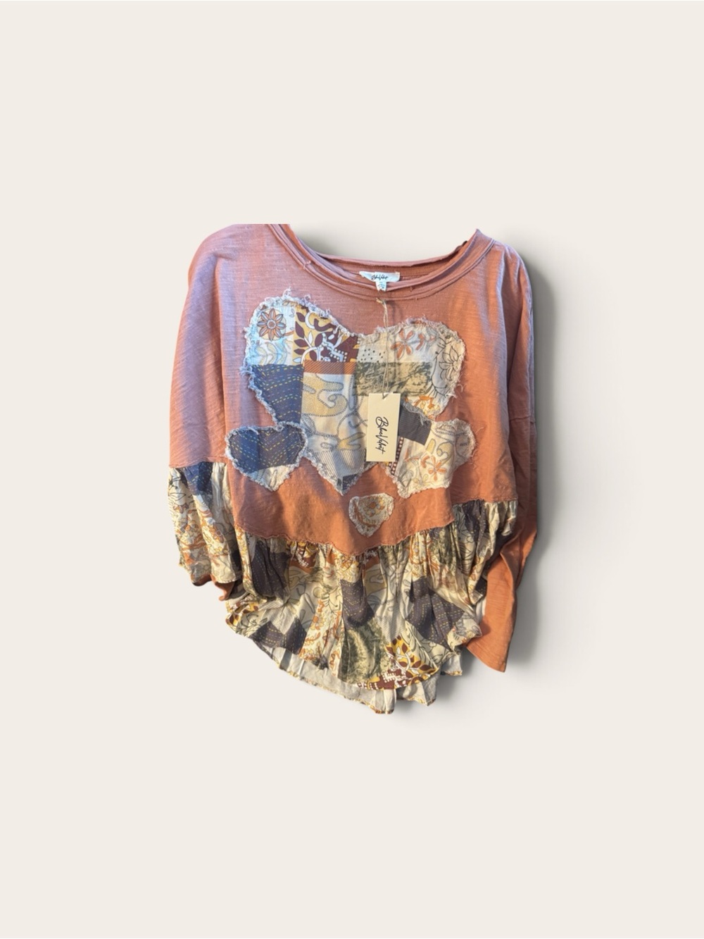 Blue Velvet Boho Patchwork Ruffle Women's Top - peachy Rust